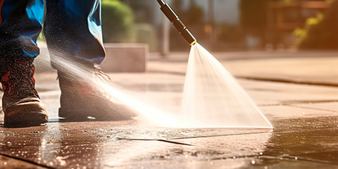 a person washing a pathway with a soft washer